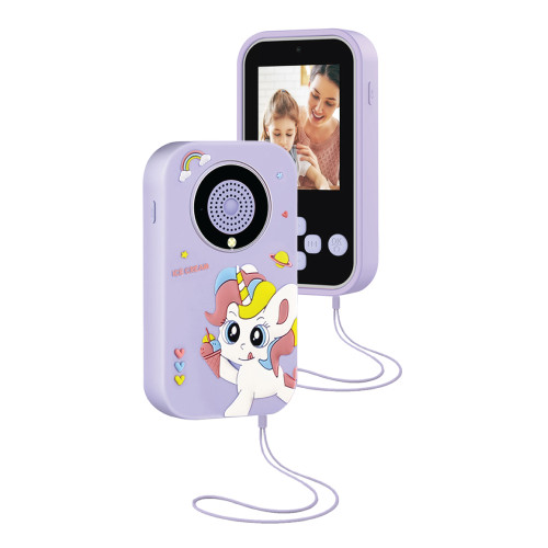 Purple Laser kids play phone camera showing front camera design, rear screen, carry strap and USB-C charging cable.
