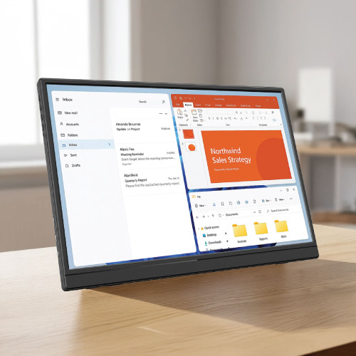 Laser Precision 14 inch portable monitor displaying email, presentation and document windows on a desk