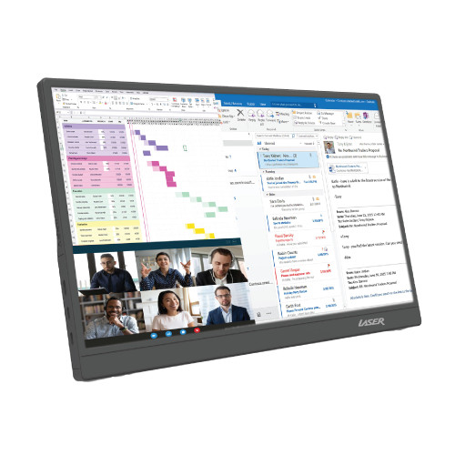 Precision 15.6 inch portable monitor displaying spreadsheets and a video call