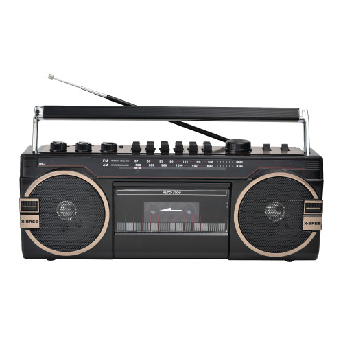 Front view of the Laser portable cassette boombox with twin speakers and telescopic antenna in black