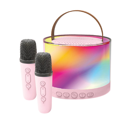 pink mini rgb karaoke speaker with two wireless microphones on white background