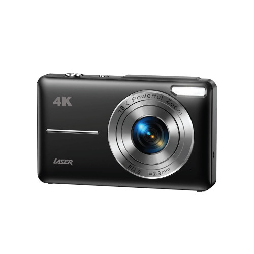 Laser compact digital camera in black shown from the front with lens and LED fill light