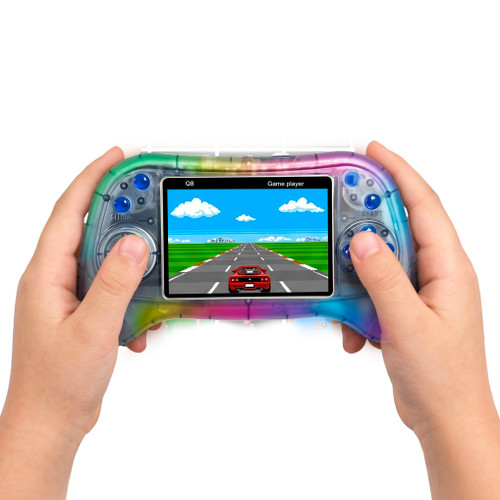 Laser retro handheld game console held in both hands with a racing game on the colour screen