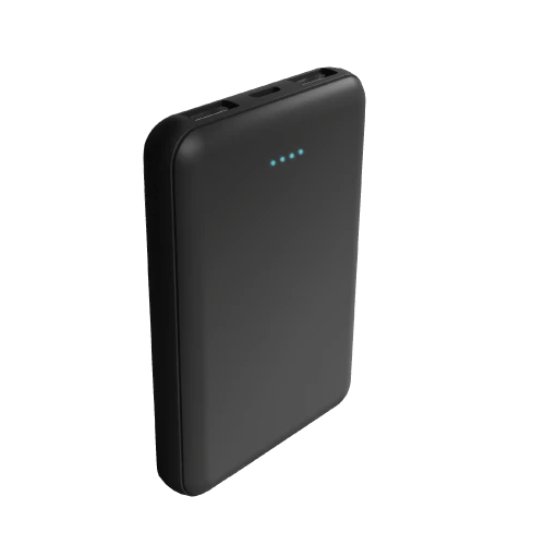 Laser 5000mAh black power bank retail packaging showing LED battery indicator and included 3-in-1 charging cable