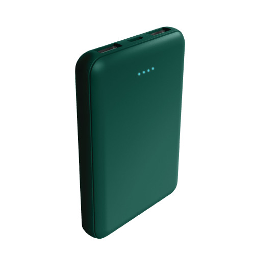 Laser 5000mAh power bank in deep green shown from the front with LED battery indicator and top ports