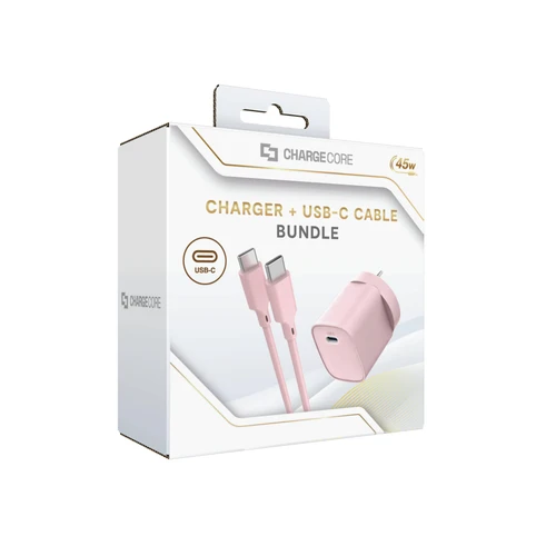 ChargeCore 45W USB-C GaN charger bundle packaging front showing the pink charger and cable