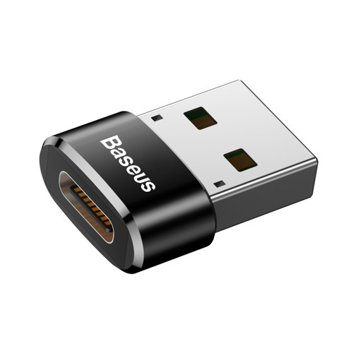 Black Baseus USB-C female to USB-A male adapter showing both connectors