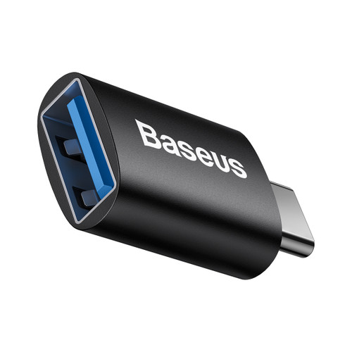 Black Baseus USB-C to USB-A adaptor showing the USB-A socket and USB-C plug