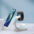 soft blue background lifestyle image showing phone watch earbuds charging wirelessly on stand