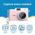 Laser Mini Digital Camera Pink for Kids showing top features 