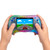 Laser retro handheld game console held in both hands with a racing game on the colour screen