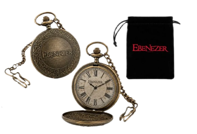 Ebenezer pocket watch shown open and closed with a branded pouch