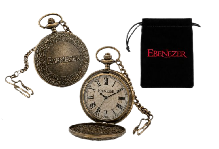 Ebenezer pocket watch shown open and closed with a branded pouch