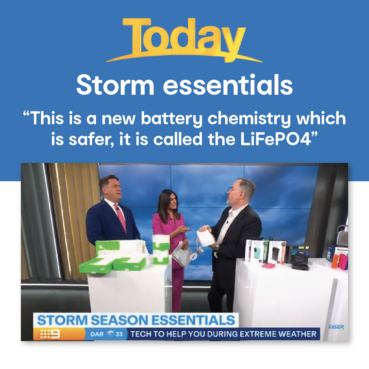 Today Show Storm Essentials segment showing Laser LiFePO4 power banks discussed as safer battery technology.