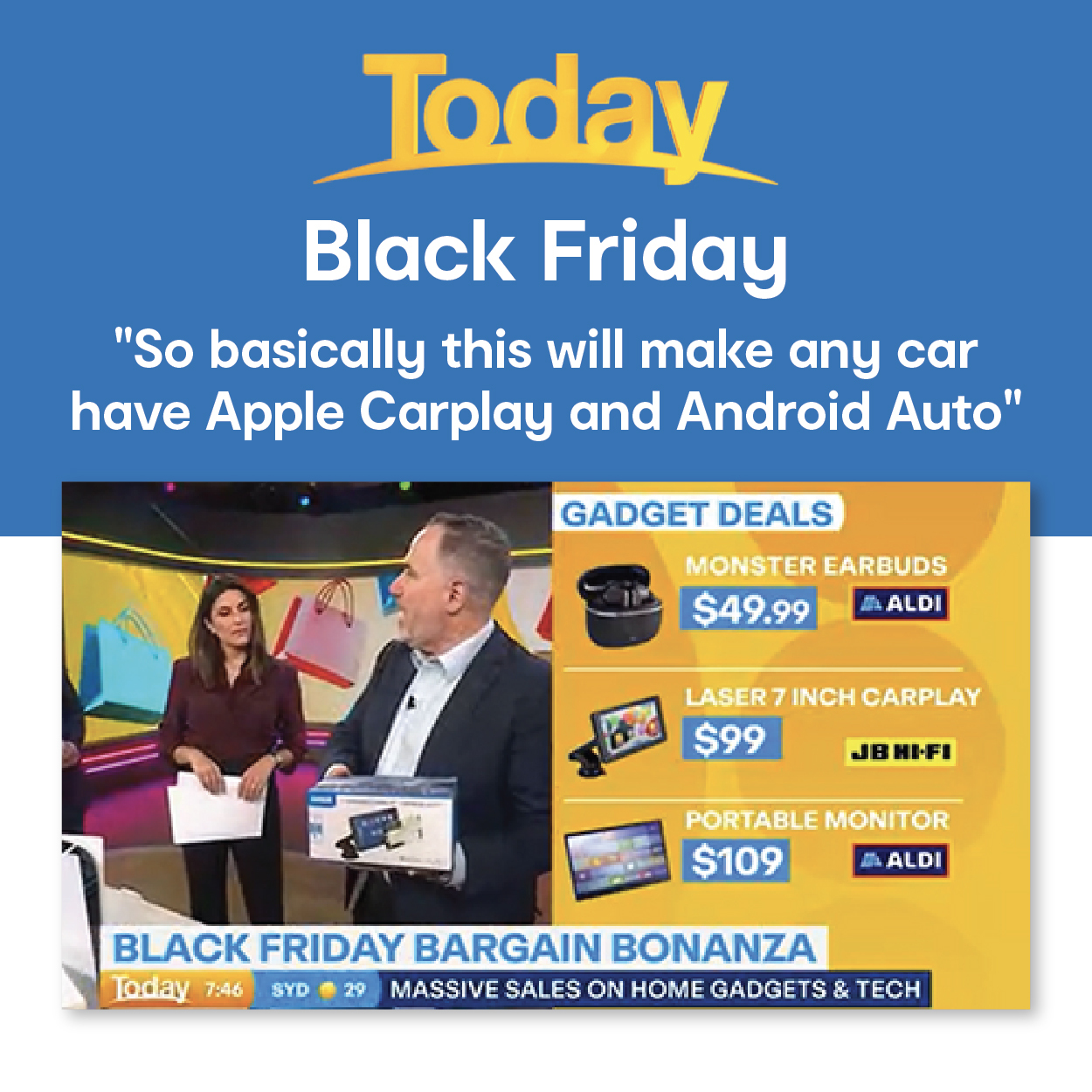 Today Show Black Friday segment highlighting Laser 7 inch CarPlay unit as an easy upgrade for any car.