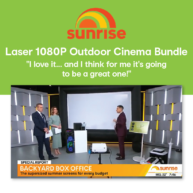 Sunrise segment showcasing Laser 1080P Outdoor Cinema Bundle with positive presenter review.