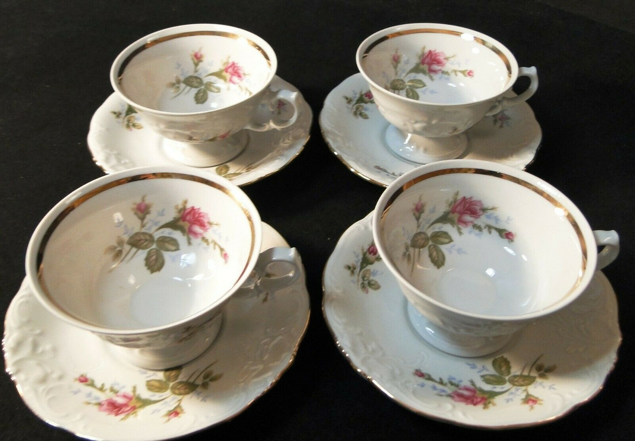 Wawel Moss Rose Tea Cup Saucer Sets Poland Gold Trim of DR