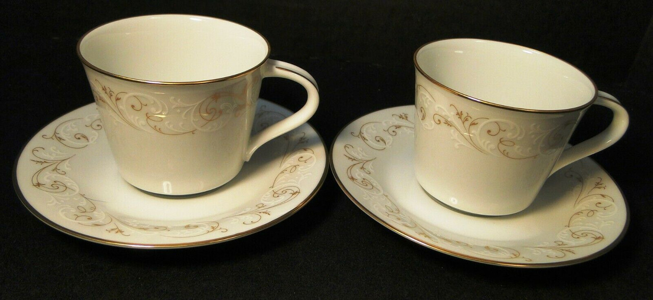 Noritake Duetto Tea Cup Saucer Sets 6610 Gold White Scrolls DR