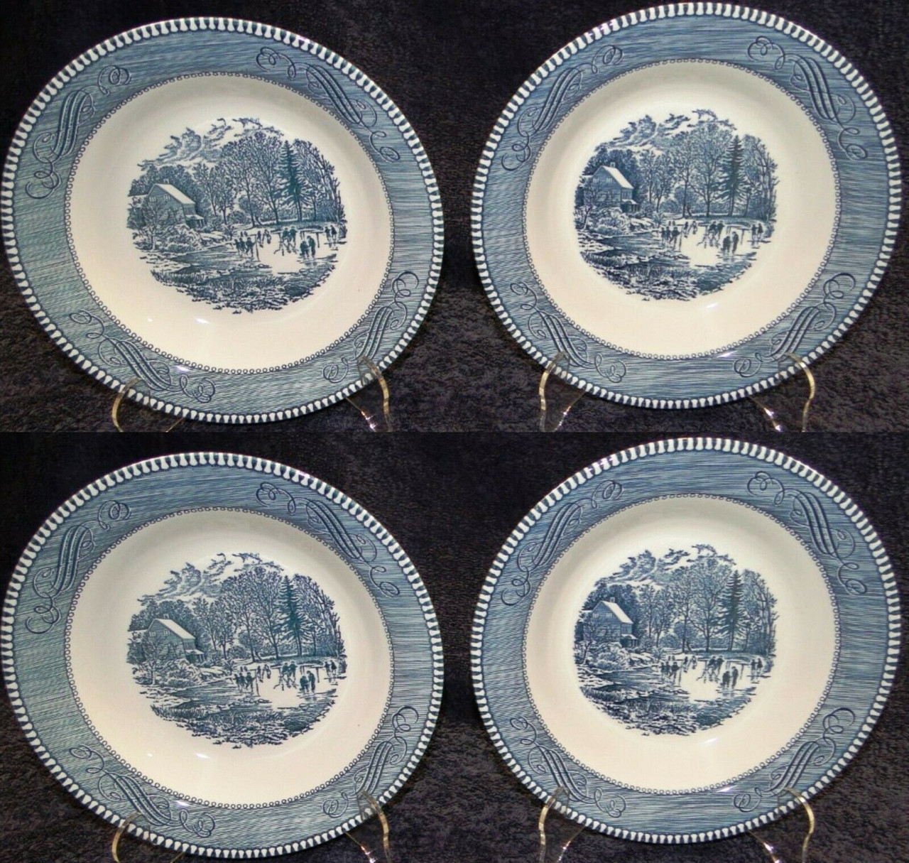 Currier Ives Royal China Blue White Soup Bowls Early Winter Set Of