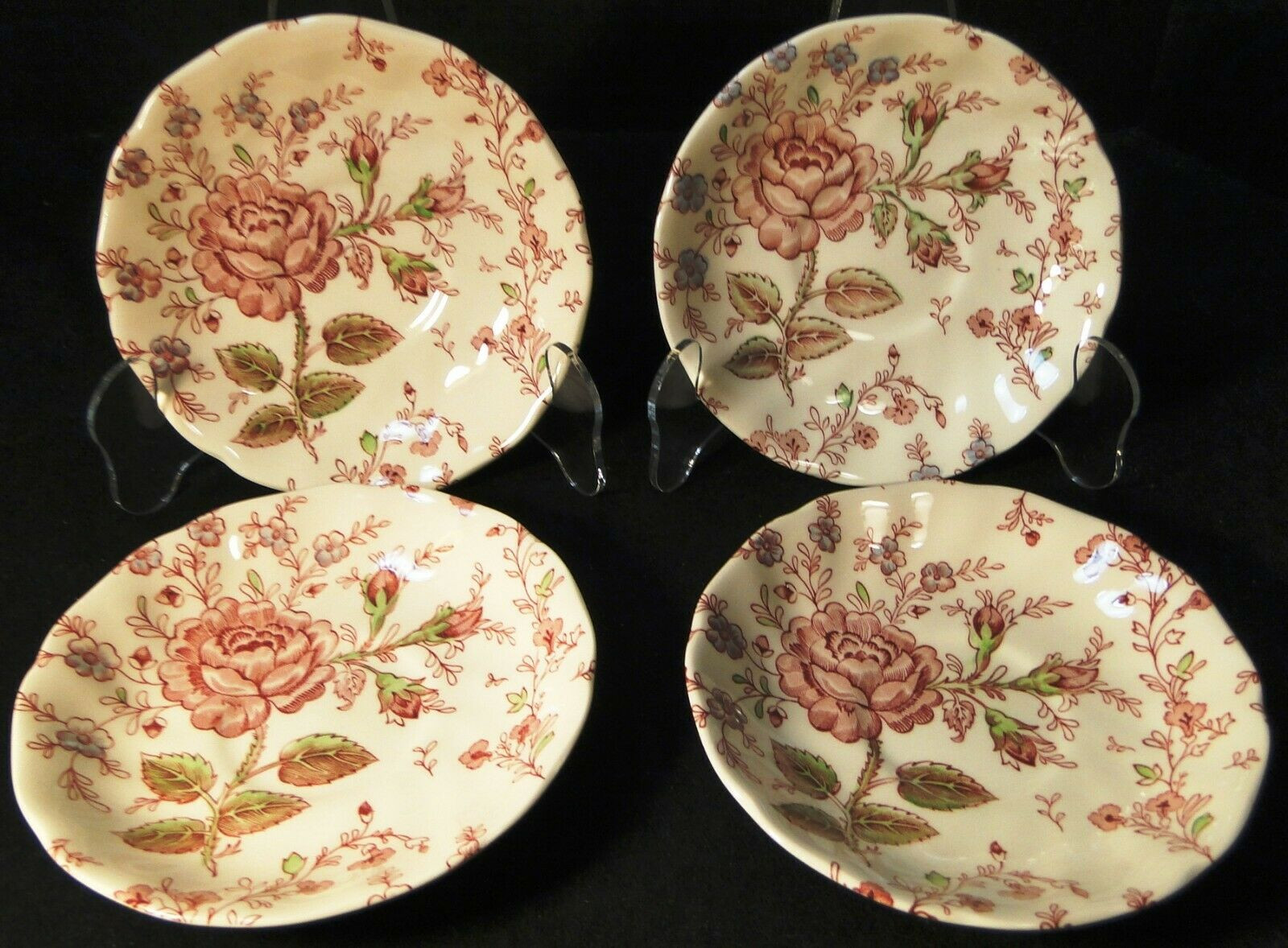 Johnson Brothers Rose Chintz Saucers Pink Roses Black Mark Set of 4