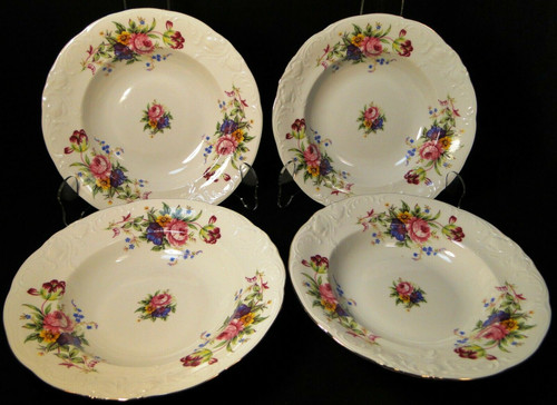 Royal Kent Poland RKT6 Soup Bowls 8 1/4" Pink Roses Floral Set of 4 | DR Vintage Dinnerware and Replacements