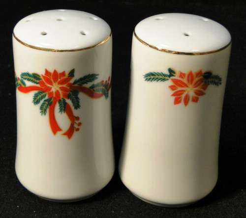 Poinsettia Ribbons Salt Pepper Shaker Christmas Tienshan | DR Vintage Dinnerware and Replacements