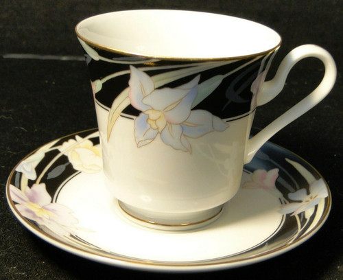 Mikasa Charisma Black Tea Cup Saucer Set L 9050 Pink Flowers Japan | DR Vintage Dinnerware and Replacements