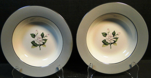 Homer Laughlin HLC342 Soup Bowls 8 1/4" Grey Band Pink Flowers Set 2 | DR Vintage Dinnerware and Replacements