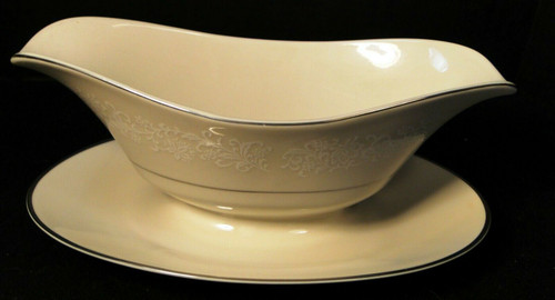 Ivory Fantasy China Japan Gravy Boat Attached Underplate White Lace | DR Vintage Dinnerware and Replacements