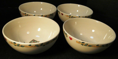 Thomson Pottery Birdhouse Soup Bowls 6 1/8" Birds Red Hearts Set of 4 Excellent