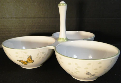Lenox Butterfly Meadow 3 Part Condiment Server with Center Handle Rare Excellent