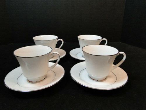 Noritake Ranier Tea Cup Saucer 6909 White on White Set of 4 | DR Vintage Dinnerware and Replacements