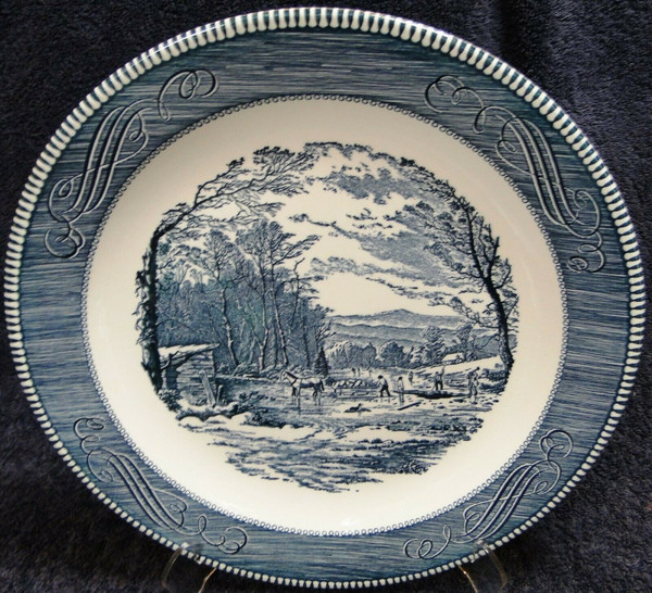 Royal China Currier Ives Blue White Chop Plate 12 3/8" Getting Ice | DR Vintage Dinnerware and Replacements