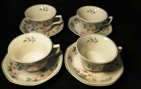 Adams Azalea Tea Cup Saucer Sets English Stoneware Green 4 | DR Vintage Dinnerware and Replacements