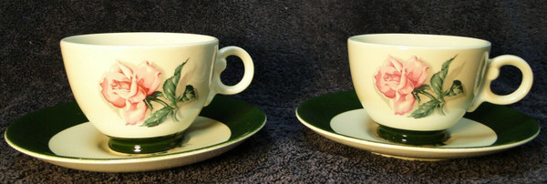 Taylor Smith Taylor Pink Rose Green Band Tea Cup Saucer Sets TST15 2 | DR Vintage Dinnerware and Replacements
