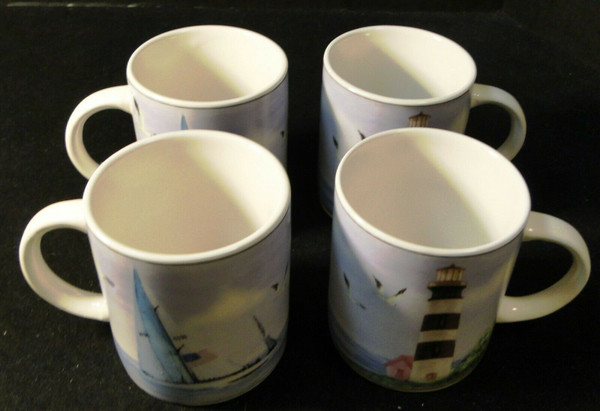 Thomson Pottery Lighthouse Coffee Cups Mugs Nautical Set of 4 | DR Vintage Dinnerware and Replacements