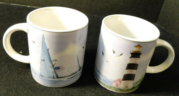 Thomson Pottery Lighthouse Coffee Cups Mugs Nautical Set of 2 | DR Vintage Dinnerware and Replacements