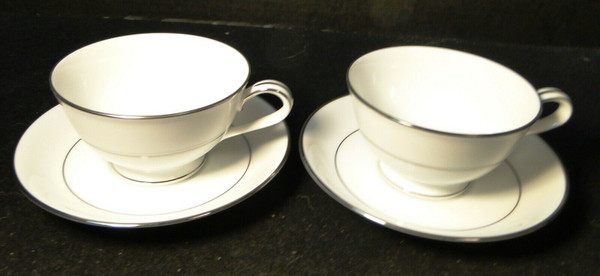 Noritake Envoy Tea Cup Saucer Sets 6325 White Platinum Trim 2 | DR Vintage Dinnerware and Replacements