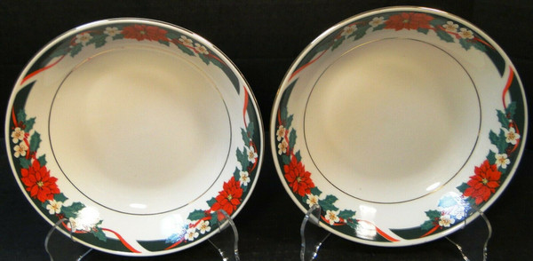 Tienshan Deck the Halls Soup Bowls 7 1/2" Christmas Poinsettia Set 2 | DR Vintage Dinnerware and Replacements