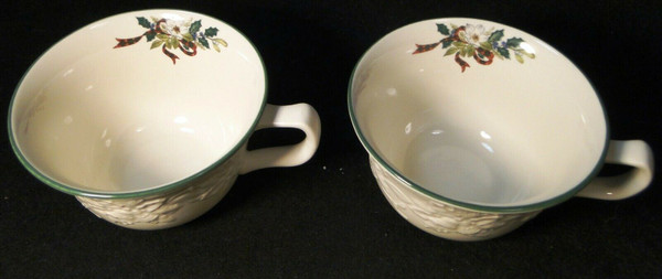 Mikasa Holiday Season Cups Mugs DB901 Green Trim Embossed Holly Set 2 | DR Vintage Dinnerware and Replacements
