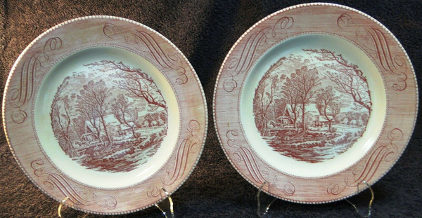 Royal China Currier Ives Old Grist Mill Dinner Plates 10" Pink Set 2 | DR Vintage Dinnerware and Replacements