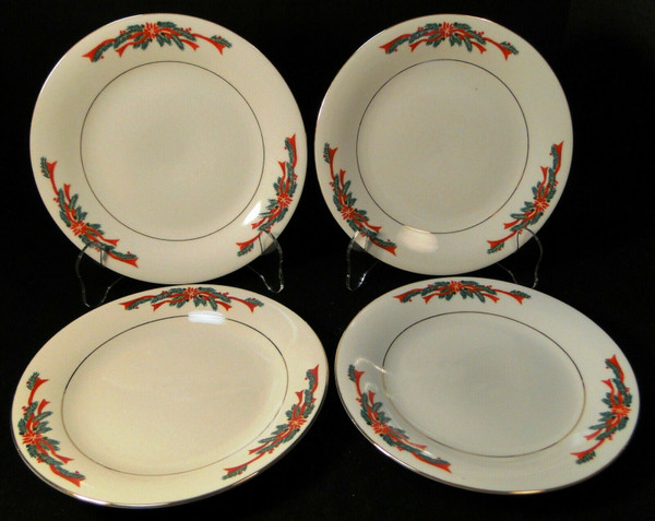 Poinsettia Ribbons Salad Plates 7 1/2" Christmas Tienshan Set of 4 | DR Vintage Dinnerware and Replacements