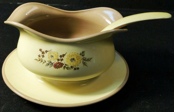 Taylor Smith Taylor Indian Summer Gravy Boat Attached UnderPlate Ladle | DR Vintage Dinnerware and Replacements