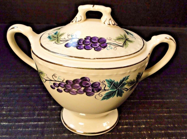 Homer Laughlin Eggshell Georgian Grapes Leaves Sugar Bowl with Lid HLC2376 | DR Vintage Dinnerware Replacements