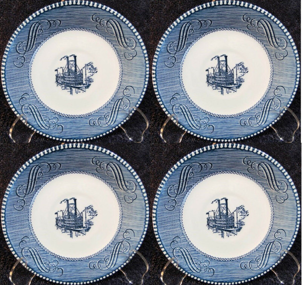 Royal China Currier Ives Blue White Riverboat Saucers "Low Water" Set of 4 Nice