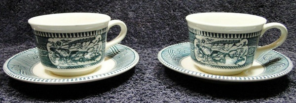 Royal China Currier Ives Round Handle Coffee Cup Mug Saucer Sets 2 | DR Vintage Dinnerware and Replacements