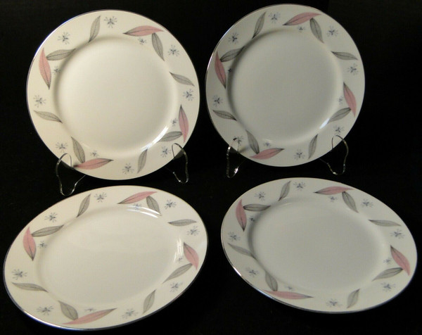 Narumi Serenade Salad Plates 7 1/2" Japan Pink Gray Leaves Set of 4 | DR Vintage Dinnerware and Replacements