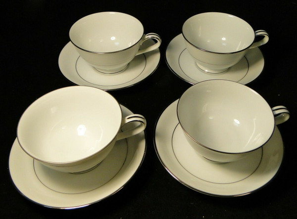 Noritake Envoy Tea Cup Saucer Sets 6325 White Platinum Trim 4 | DR Vintage Dinnerware and Replacements