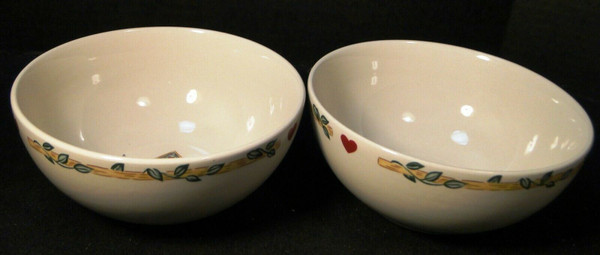 Thomson Pottery Birdhouse Soup Bowls 6 1/8" Birds Red Hearts Set of 2 Excellent