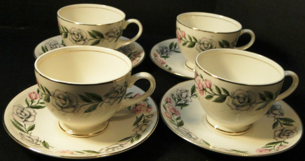 Homer Laughlin Eggshell Nautilus Minuet Tea Cup Saucer Sets 4 Excellent